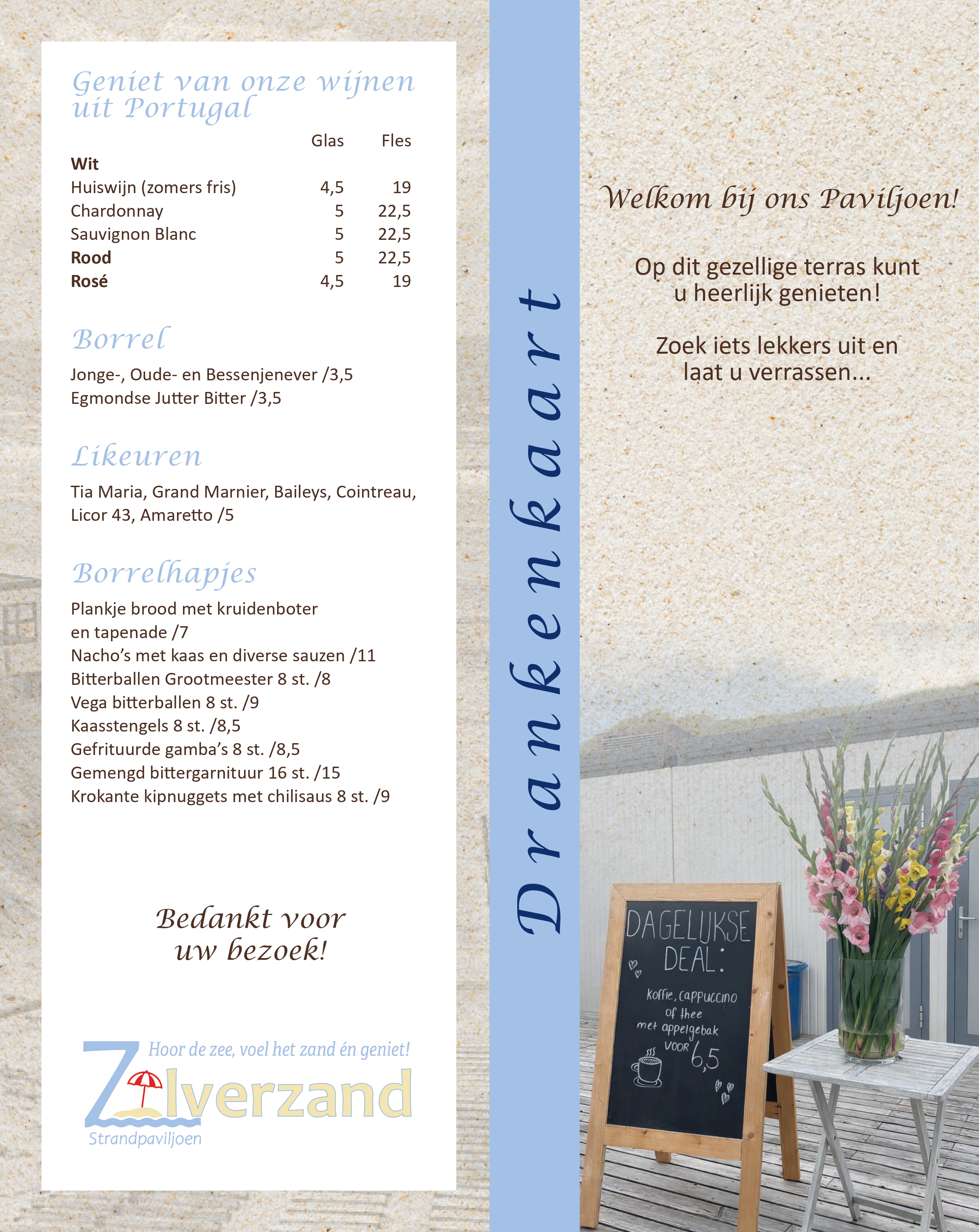 dranken 2026 ontbijt lunch borrel diner Strandpaviljoen Zilverzand dagdeal koffie gebak